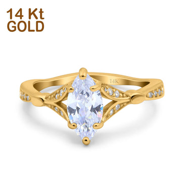 14K Yellow Gold Marquise Art Deco Engagement Wedding Bridal Ring Round Simulated Cubic Zirconia